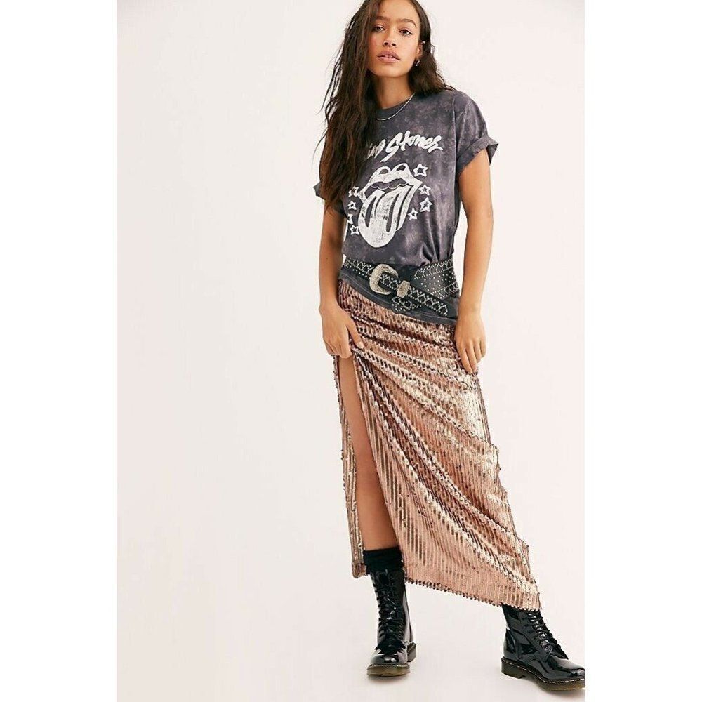 NEW FREE PEOPLE SEASHELL SEQUIN MAXI SKIRT W/SLIT ROSE GOLD & NUDE MESH
